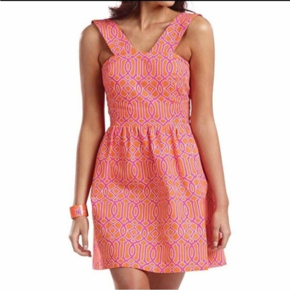 Mud Pie Charlotte Dress Pink and Orange Geometric Sleeveless Fit & Flare Large